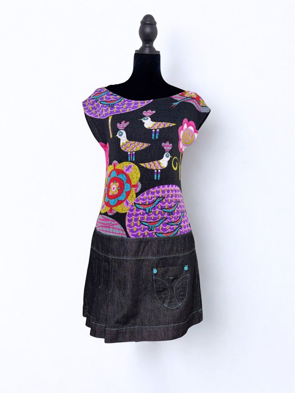 Vtg Y2K Custo Barcelona Whimsy Owl Print Boatneck Sweater Dress Denim Skirt Euro